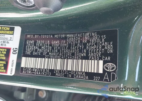 2015 Toyota Corolla Le from USA, damaged, VIN 2T1BURHE4FC442862